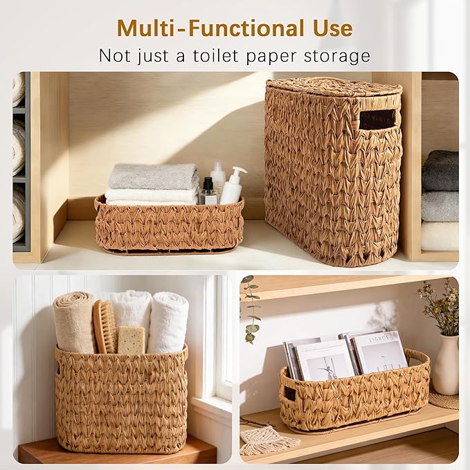 Livole 2-in-1 Toilet Paper Basket with Lid Toilet Paper Storage - 16 Regular Rolls or 12 Mega Rolls Woven Plastic Rattan Waterproof Toilet Paper Organizer for Bathroom, Natural