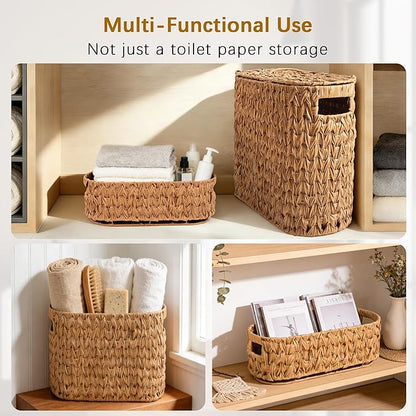 Livole 2-in-1 Toilet Paper Basket with Lid Toilet Paper Storage - 16 Regular Rolls or 12 Mega Rolls Woven Plastic Rattan Waterproof Toilet Paper Organizer for Bathroom, Natural
