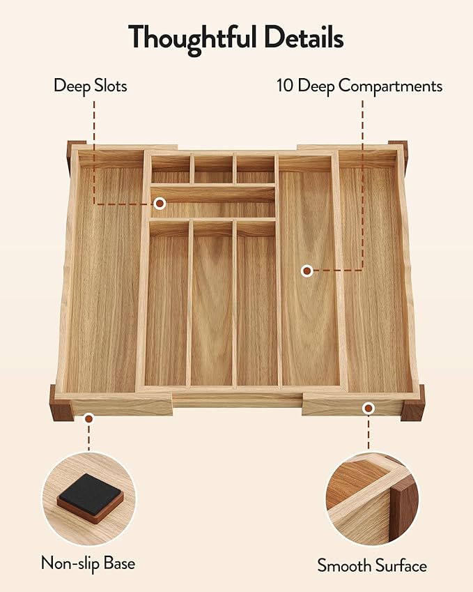 Orimade Oak Expandable Silverware Drawer Organizer, Adjustable Kitchen Utensil Holder & Cutlery Tray Drawer Dividers for Flatware (10 Slot), Large