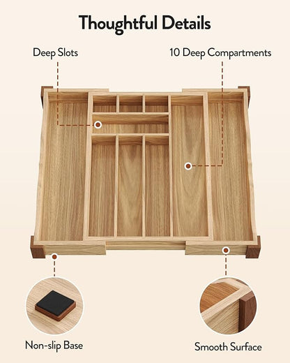 Orimade Oak Expandable Silverware Drawer Organizer, Adjustable Kitchen Utensil Holder & Cutlery Tray Drawer Dividers for Flatware (10 Slot), Large