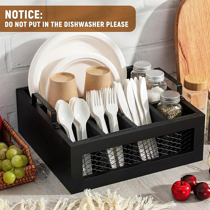 Mimorou Wooden Napkin Paper Plate and Utensil Holder Caddy for Party Kitchen Counter Cutlery Flatware Organizer for Utensil Caddy Cups Spoon Forks Napkins, Kitchen Accessories(Black)