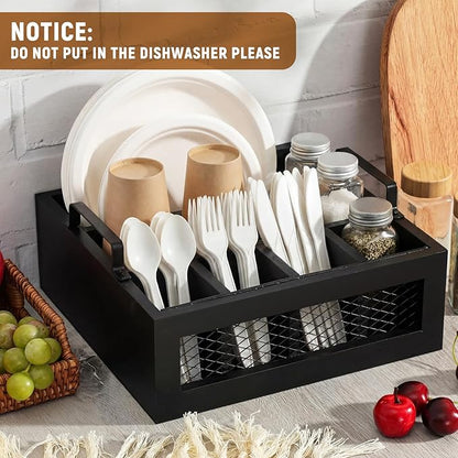 Mimorou Wooden Napkin Paper Plate and Utensil Holder Caddy for Party Kitchen Counter Cutlery Flatware Organizer for Utensil Caddy Cups Spoon Forks Napkins, Kitchen Accessories(Black)