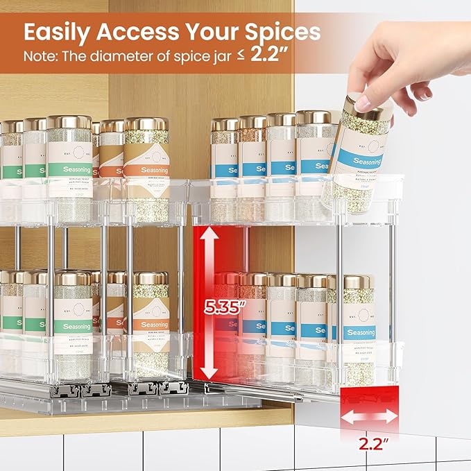 Mystozer Pull Out Spice Rack Organizer for Cabinet, Slide Out Spice Racks Organizer, Easy to Install Spice Cabinet Organizers, 2.3''Wx10.66''Dx8.11''H, 3 Packs-2 Tiers(Clear)