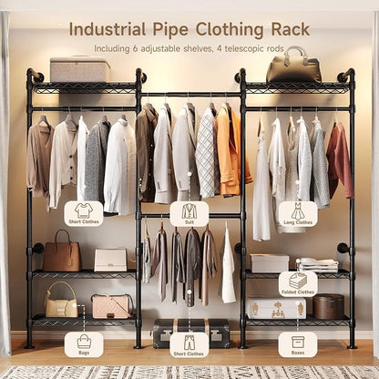 Wall Mounted Garment Rack, Walk-in Closet System with Expandable Rods, Adjustable Shelves, Industrial Pipe Clothing Racks, Hanging Clothes Organizers and Storage, Metal Closet Shelving Wardrobe