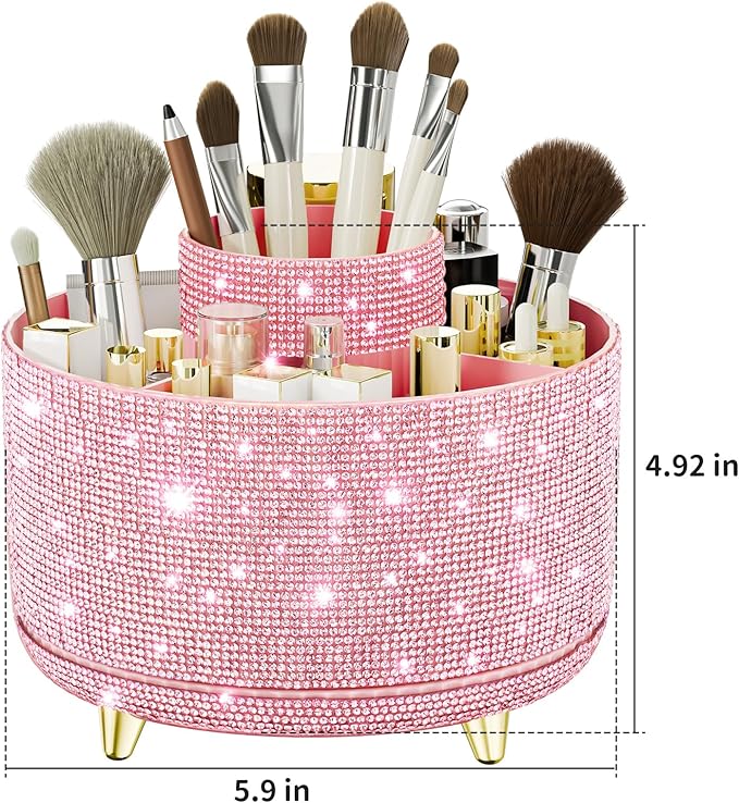 fanado Bling Diamond Makeup Brush Holder, 360° Rotating Makeup Organizer, 5 Slot Make up Brushes Cup for Countertop, Storage for Cosmetics Pen Eyeliner Skincare on the Vanity (Diamond Pink)