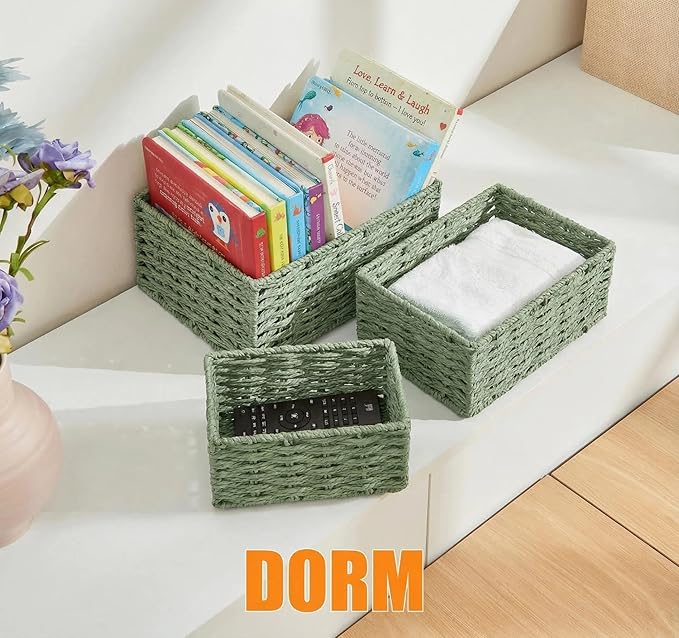 Small Wicker Basket for Organizing, Woven Storage Basket Set of 3 - Handwoven Natural Paper Rope Baskets to Declutter Any Room, Perfect for Organizing and Home Decor (Green)