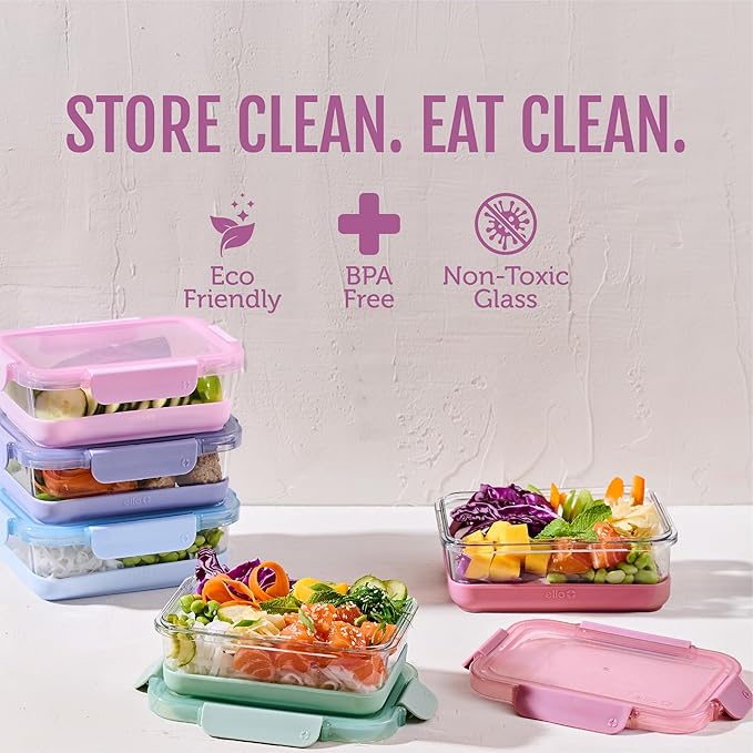 Ello Duraglass Refresh 3.4 Cup Meal Prep Sets 10Pc, 5 Pack Set- Glass Food Storage Container with Silicone Boot and Airtight BPA-Free Plastic Lids, Dishwasher, Microwave and Freezer Safe, Melon
