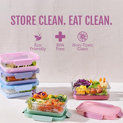 Ello Duraglass Refresh 3.4 Cup Meal Prep Sets 10Pc, 5 Pack Set- Glass Food Storage Container with Silicone Boot and Airtight BPA-Free Plastic Lids, Dishwasher, Microwave and Freezer Safe, Melon