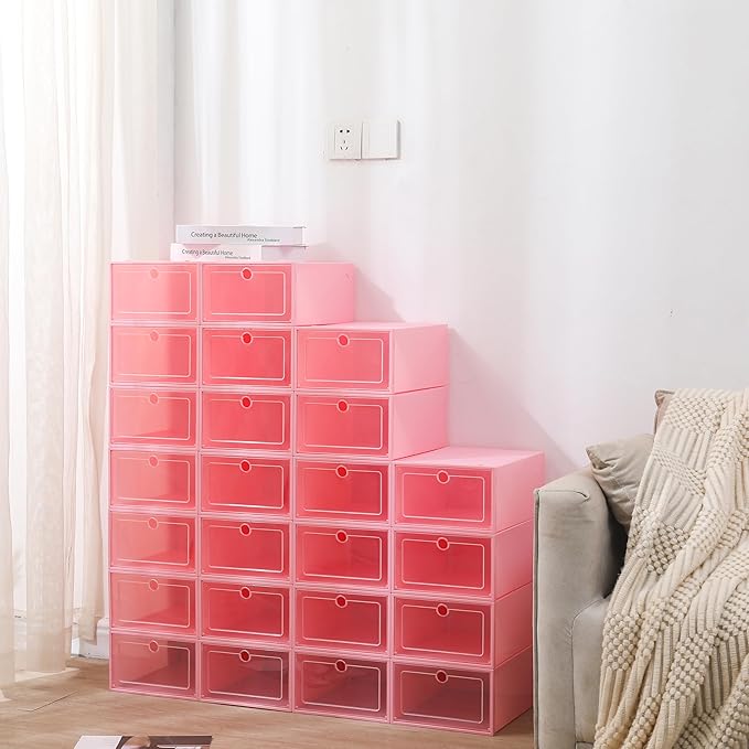 24 Pack Shoe Storage Boxes, Clear Stackable Shoe Organizer for Closet with Flip Lid, Foldable Plastic Shoe Boxes Sneaker Containers for Entryway, Closet, Under Bed (Pink)