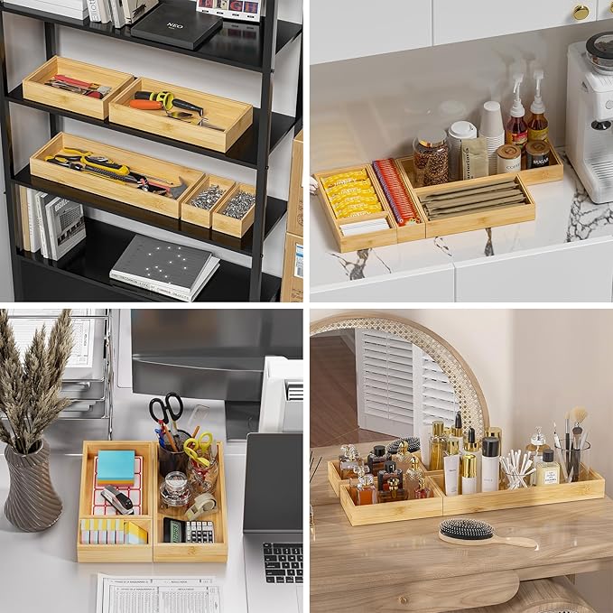 Lixple Bamboo Drawer Organizer – Set of 2 Stackable Storage Boxes, Silverware Tray & Small Gadget Holder for Kitchen Drawers, 9" x 3" x 2" (Outer), 8.3" x 2.3" x 1.77" (Inner)