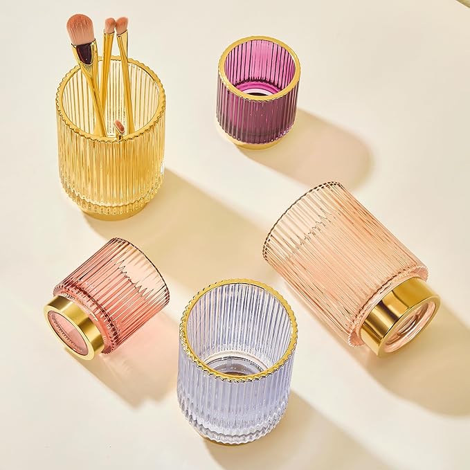 Makeup Brush Holder Organizer,Toothbrush Holders,Desk Pen Pencil Holder,Multifunctional Vintage Glass Brush Cup（L/Gold/A3-7-US）