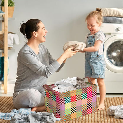 Colorful Checkered Storage Basket Waterproof Canvas Toy Storage Bin Checkered Home Decor Collapsible Outdoor Basket with Leather Handles Blanket Baskets For Closets,Bedrooms,Classroom,Gifts Baskets