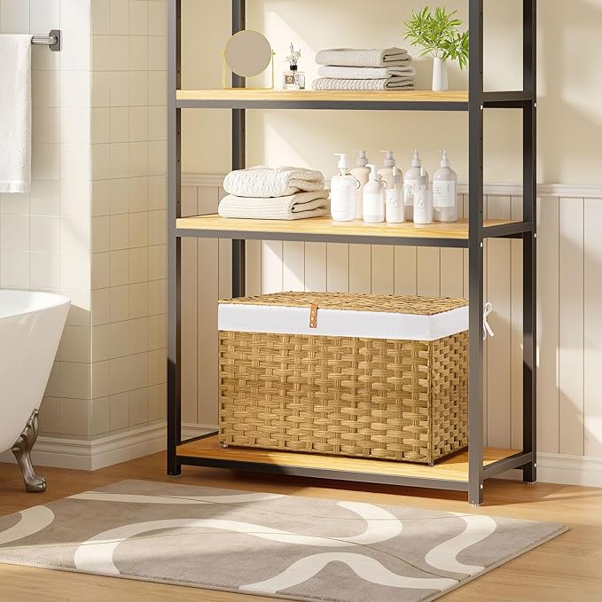 Greenstell Storage Basket with Lid, 160L Large Wicker Basket with Lid, Handwoven Blanket Storage Basket with Handles, Removable Cotton Liner, Metal Frame, Foldable for Bedroom, Laundry Room, Natural