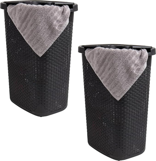 Mind Reader Slim Laundry Hamper with Lid, 60L Tall Clothes Basket, Narrow Tapered Design for Bathrooms, Closets and Laundry Rooms, Plastic, 2 Pack, Black