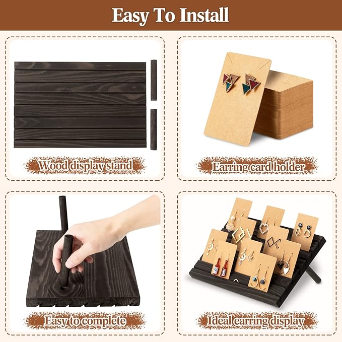 Marsui 62 Pcs Wood Earring Display Stand Earring Card Display 2 Sets of Holder with Cards Jewelry Stands for Selling