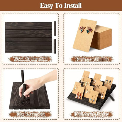 Marsui 62 Pcs Wood Earring Display Stand Earring Card Display 2 Sets of Holder with Cards Jewelry Stands for Selling