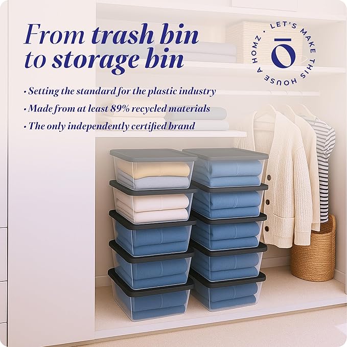 HOMZ 10-Pack Snaplock, Small Clear Plastic Storage Organizer Bins w/Lids, 6 Quart, Gray - Stackable Container Boxes for Bedroom, Bathroom, Garage, and Office Organization