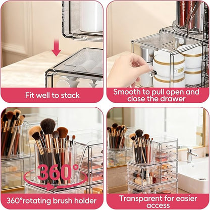 ShineMe Clear Makeup Organizer with 9 Drawers, 3 Tier Stackable Makeup Storage Organizer with Rotating Brush Holder, Acrylic Countertop Makeup Organizer for Vanity Skincare Jewelry Hair Accessories