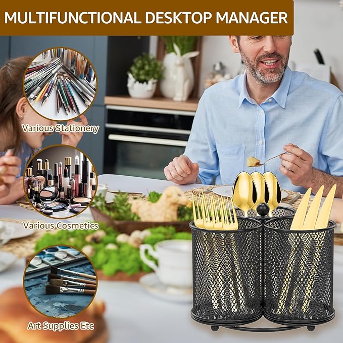 360° Rotating Metal Utensil Caddy, 3 Compartment Utensil Organizer Metal Flatware Caddy Kitchen Utensil Holder Practical Flatware Organizer Multifunctional Cutlery Storage Holder for Home (01)