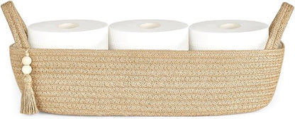 Mkono Small Storage Basket for Toilet Tank Top Boho Bathroom Decor Woven Rope Toilet Paper Tray Organizer for Shelf Bedroom Living Room, Jute, 1 Pack, 15.7" L x 6" W