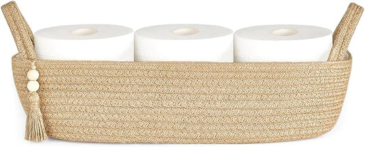 Mkono Small Storage Basket for Toilet Tank Top Boho Bathroom Decor Woven Rope Toilet Paper Tray Organizer for Shelf Bedroom Living Room, Jute, 1 Pack, 15.7" L x 6" W