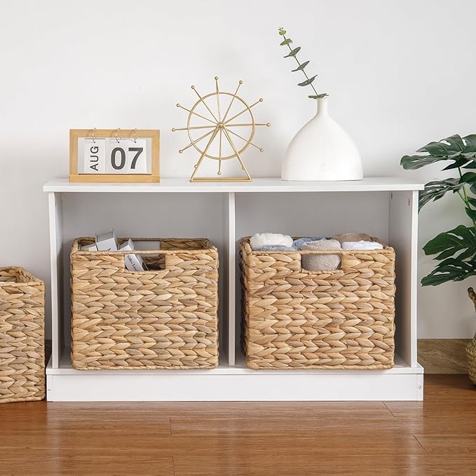 12X12X10in Water Hyacinth Storage Baskets, Wicker Storage Cubes Set of 4, Foldable Wicker Baskets for Pantry Organization, Square Baskets for Shelves