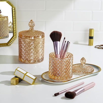 R FLORY 2 Pack Qtip Holder Glass Apothecary Jars with Lids Bathroom Storage Organizer for Cotton Swabs, Balls, Pads, Floss Picks, Vanity Storage Containers for Makeup, Candy, Jewelry (10+24oz, Amber)