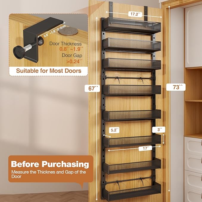 Pantry Door Organizers and Storage, 8-Tier Large Metal Heavy-Duty Frame Over the Door Spice Rack, 2 in 1 Wall-Mounted or Hanging shelf for Kitchen, Bathroom, Laundry Room, Bedroom, Closet &Nursery