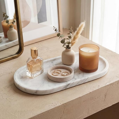 YKAJO Oval Real Marble Tray for Bathroom Kitchen Counter Stone Decorative Vanity Tray for Dresser Perfume Heavy Catchall Organizer for Soap Jewelry (Carrara White, 11.8" x 5.9")