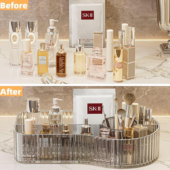 Makeup Organizer Countertop for Vanity Acrylic Skincare Storage and Make up Organization for Desk,Cosmetic Display Case and Makeup Brush Holder for Bathroom,5 Compartments（1PC,Grey）