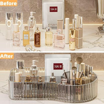 Makeup Organizer Countertop for Vanity Acrylic Skincare Storage and Make up Organization for Desk,Cosmetic Display Case and Makeup Brush Holder for Bathroom,5 Compartments（1PC,Grey）