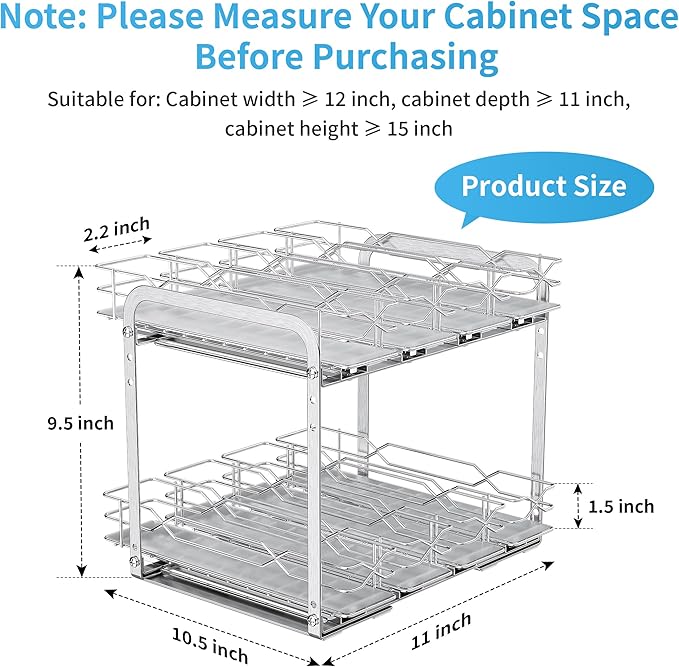 BOIVSHI Spice Rack Organizer, Heavy Duty Vertical Spice Rack Pull Out for Cabinet, 2 Tier Metal Spice Rack for Kitchen, Pantry, Easy to Install & Smooth Sliding, Chrome, 11”W x 10.5”D x 9.5”H
