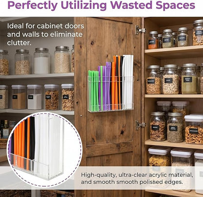 9.6” Large Clear Acrylic Straw Holder, Cabinet Door Straw Organizer with Strong Adhesive Mount, Reusable Tumbler Straw Storage