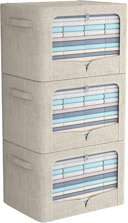 FHSQX 3 Pack Clothes Storage Bins Foldable Metal Frame Storage Box Stackable Linen Fabric Organizer Set with Carrying Handles and Clear Window (Beige, 15.7x11.8x7.8inch(22L))