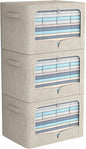 FHSQX 3 Pack Clothes Storage Bins Foldable Metal Frame Storage Box Stackable Linen Fabric Organizer Set with Carrying Handles and Clear Window (Beige, 15.7x11.8x7.8inch(22L))