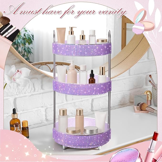 Honeydak 360 Rotating Perfume Organizer for Mother Day Nurse Day Rhinestone Bathroom Counter Organizer Makeup Holder Skincare and Perfume Storage for Cosmetic Countertop(3 Tiers,Resin Stone,Purple)