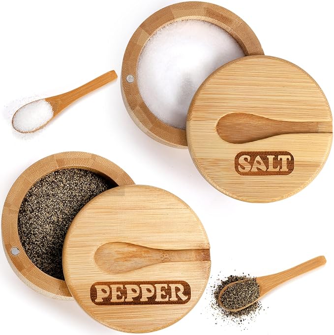 Lawei 2 Pack Bamboo Salt and Pepper Bowls, Round Salt Container with Magnetic Swivel Lids and Spoons, Bamboo Salt Cellars, Seasoning Storage Holder Box for Salt, Pepper, Sugar, Spice