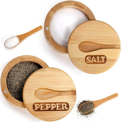 Lawei 2 Pack Bamboo Salt and Pepper Bowls, Round Salt Container with Magnetic Swivel Lids and Spoons, Bamboo Salt Cellars, Seasoning Storage Holder Box for Salt, Pepper, Sugar, Spice