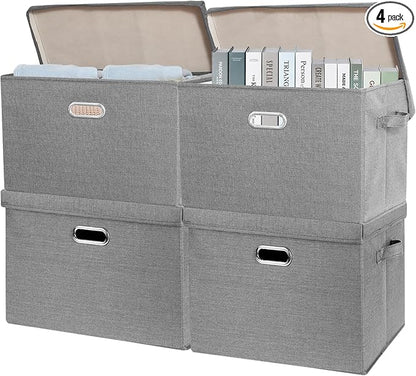 SNWDN 4 Pack Large collapsible Fabric Storage Bins with Lids Fabric storage box with lids for closet organizers and storage (grey 17.3x11.4x11.8 inches)