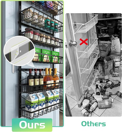 Mefirt Over The Door Pantry Organizer, Wall Mount Spice Rack, Pantry Hanging Storage and Organization, 8 Adjustable Baskets Heavy-Duty Metal for Home & Kitchen, Back of Door Seasoning Rack - Black