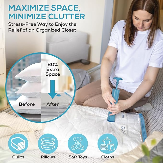 Yan & Hin Vacuum Storage Bags for Clothes, Space Saver Bags for Closet Organization,Clothing Storage, (2 Jumbo/2 Large/2 Medium/2 Small /4 Travel Compression Bags) with Hand Pump (12 Combo)