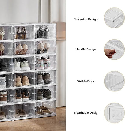 ZLLZUU Upgrade Clear Foldable Shoe Storage Organizer, No Assembly 6 Tiers Shoe Box with Fully Clear Door, Plastic Stackable Shoe Rack for Sneakers, Sturdy Shoe Storage Containers Bins