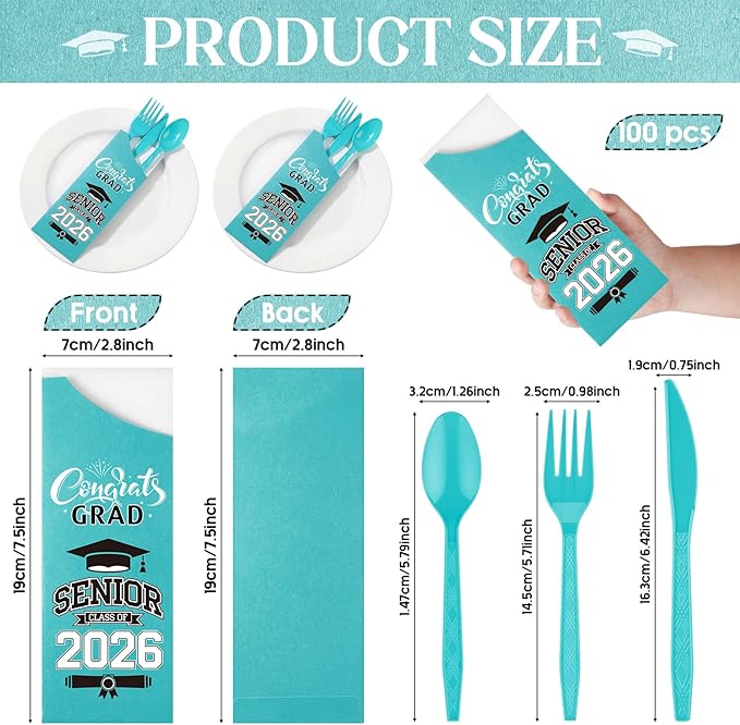 Funnymoom 400 Pcs 2026 Graduation Wrapped Silverware Bags Holder - Disposable Dinnerware Set Includes Plastic Spoons Knives and Forks, Class of 2026 Parties School Congrats Supplies(Lake Blue)