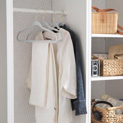 Simplify Slim Velvet Gold Hook Clothes Hangers 100 Pack | Non-Slip | Shirts | Suit | Pants | Dresses | Garments | Closet Storage & Organization | Durable | White