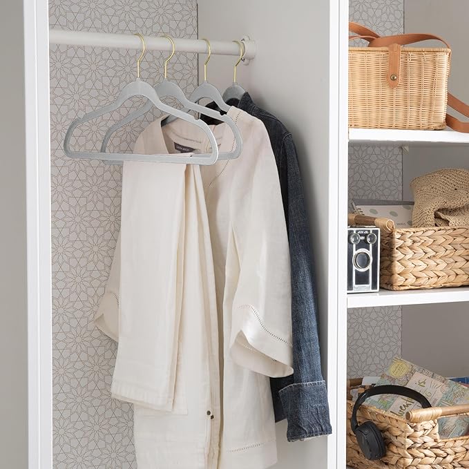 Simplify Slim Velvet Gold Hook Clothes Hangers 50 Pack | Non-Slip | Shirts | Suit | Pants | Dresses | Garments | Closet Storage & Organization | Durable | White
