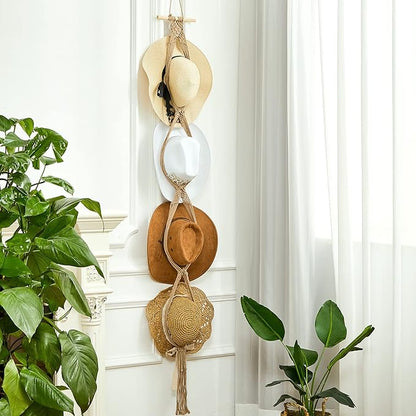 Yulejo Macrame Hat Hangers Racks Boho Cowboy Hats Holders Western Display Organizer Storage decor Back of Door for Wall(Beige,Four Hats Style)