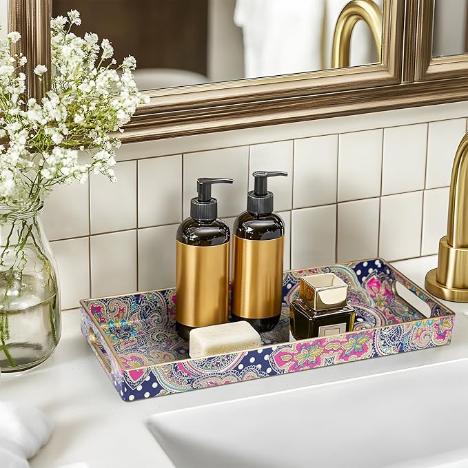 MAONAME Plastic Vanity Tray, Bathroom Counter Tray, Decorative Trays with Handles, Storage Dresser Trays Organizer for Toilet Tank, Jewelry, Makeup, 13.8" x 6" x 1.57"