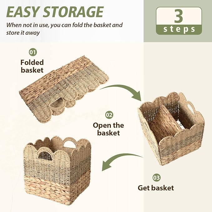 12x12 Storage Cube Bins Wicker Storage Basket for Cube Shelf, Set of 4 Collapsible Scalloped Storage Bins with Handle, Square Woven Baskets for Organizing Shelves Bedroom Pantry