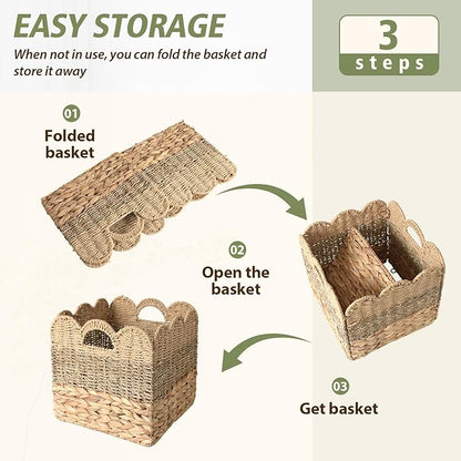 12x12 Storage Cube Bins Wicker Storage Basket for Cube Shelf, Set of 4 Collapsible Scalloped Storage Bins with Handle, Square Woven Baskets for Organizing Shelves Bedroom Pantry
