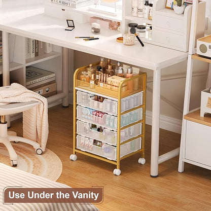 Hongtamoya Makeup Cart Organizer with 4 Drawers, Large Floor Skincare Organizers, Vanity Storage Organizer Cosmetics Display Cases for Skin Care Perfume Nail Polish, Gold